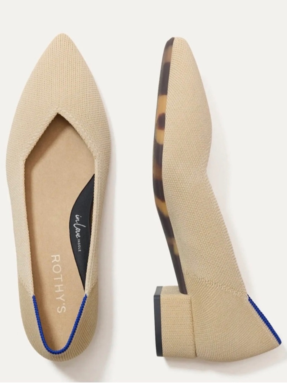 Rothy's Pointed Toe Knit Pump in Beige with Blue Trim high point